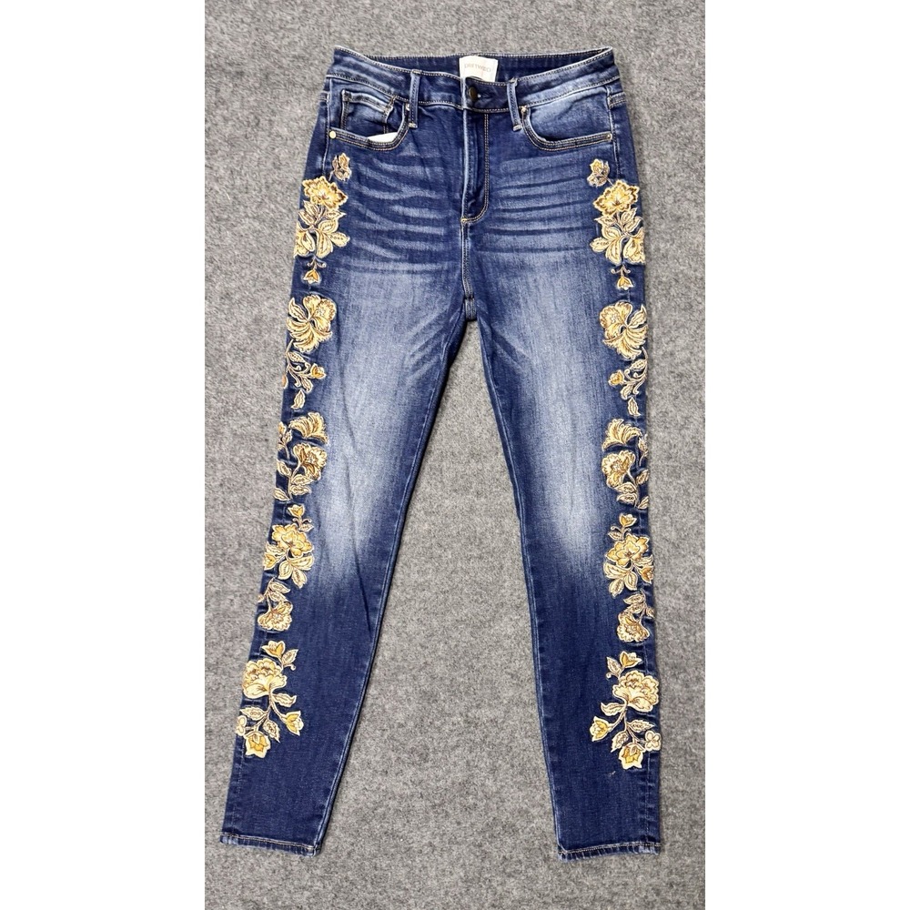 Driftwood Women's Size 27 Floral Embroidered Skinny Jeans Blue Denim Stretch